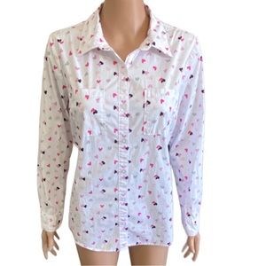 Christopher & Banks Button Down Heart Design Long and 3/4 Sleeve Blouse Pink